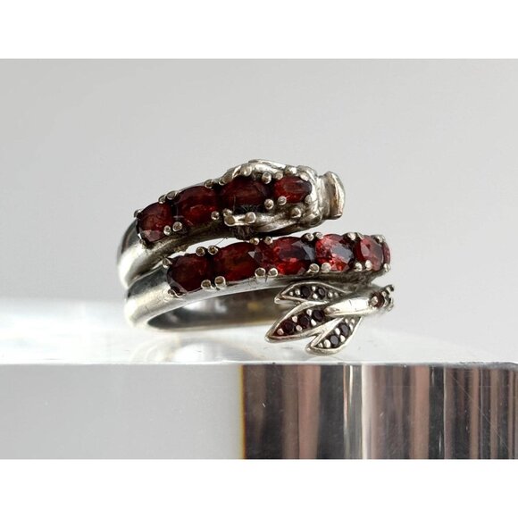 Dragon Wrap Around Garnet Figural 925 Sterling Silver Vintage Ring - sz 6.5 - Picture 1 of 15